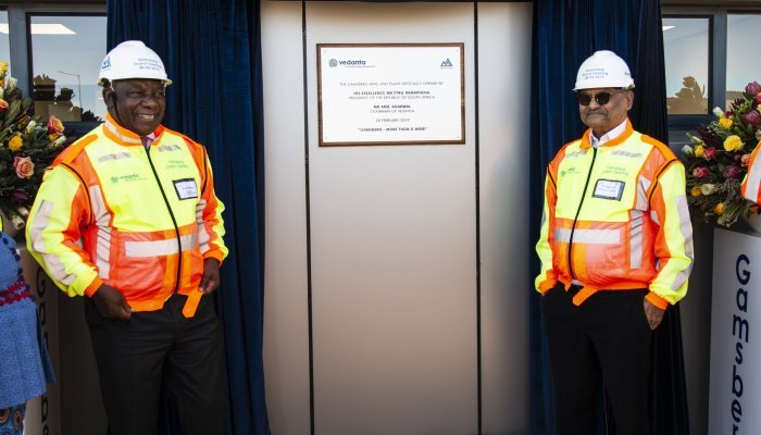 South African President Cyril Ramaphosa at the inauguration of the Gamsberg zinc mine in the Northern Cape in 2019. Ramaphosa is pictured with Vedanta chair Anil Agarwal.